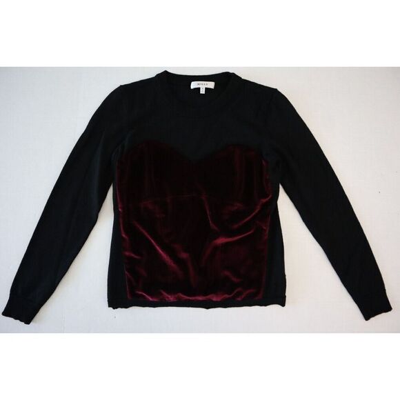 Milly New York Women's Sz M Black/Maroon Velour/Knit Corsetry Pullover Sweater - Picture 6 of 8